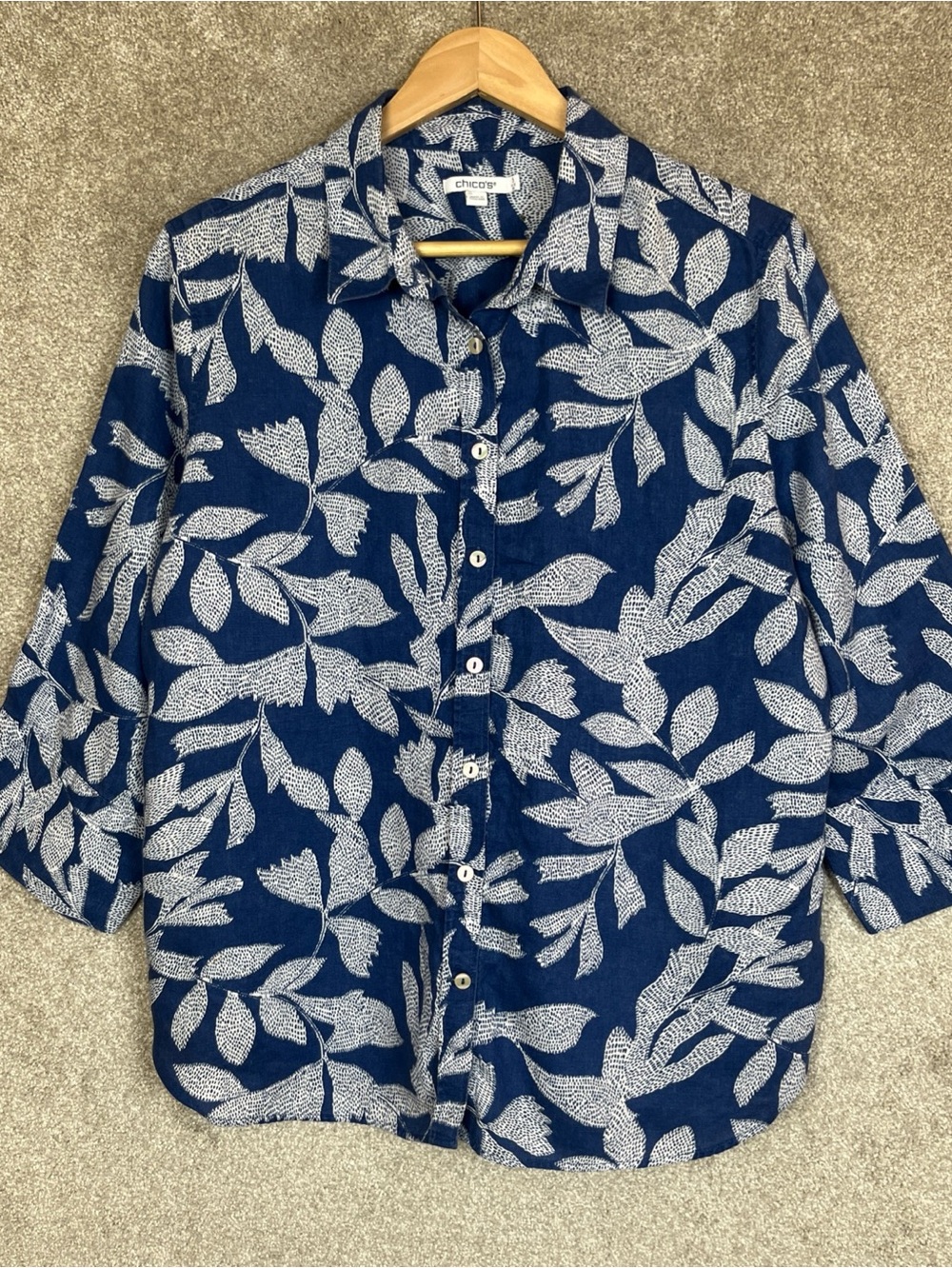 Chico's Shirt Womens 3 Blue White Linen Button Front 3/4 Sleeve Collared- 5307